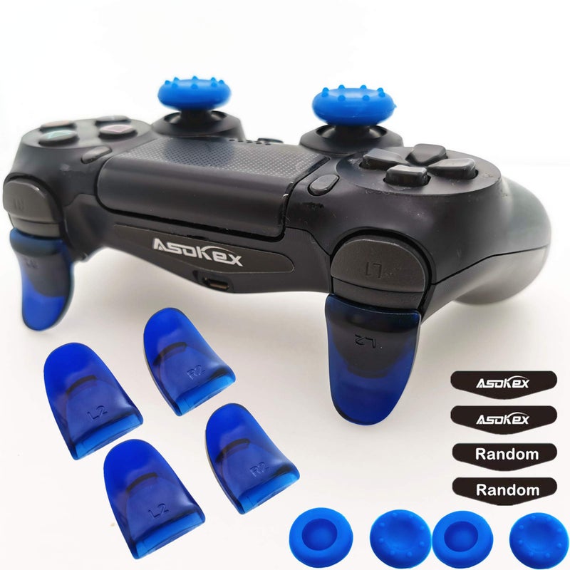 Asokex L2 R2 Ps4 Trigger Extenders (2 Pairs L2 R2 Triggers, 4pcs Joystick Cap, 2 Pairs LED Light Bar Decal) for Ps4 Controller(Blue) - Image 1